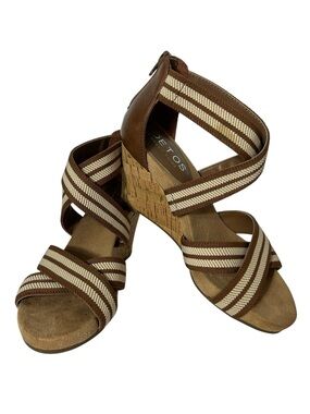 Brown Tan Cork Striped Wedge Sandals 7